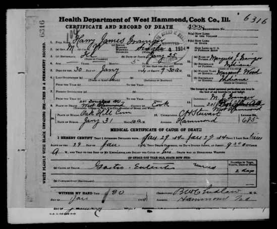 Death.Certificate: January 30,1914: USA: Illinois: West Hammond: Harry James Granger